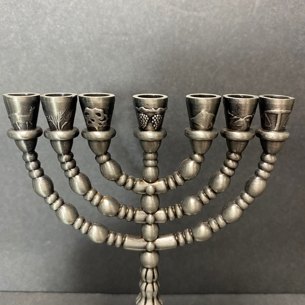 Vintage 12 Tribes of Israel Metal Hanukkah Menorah Jewish Candelabra Religious - Picture 2 of 11